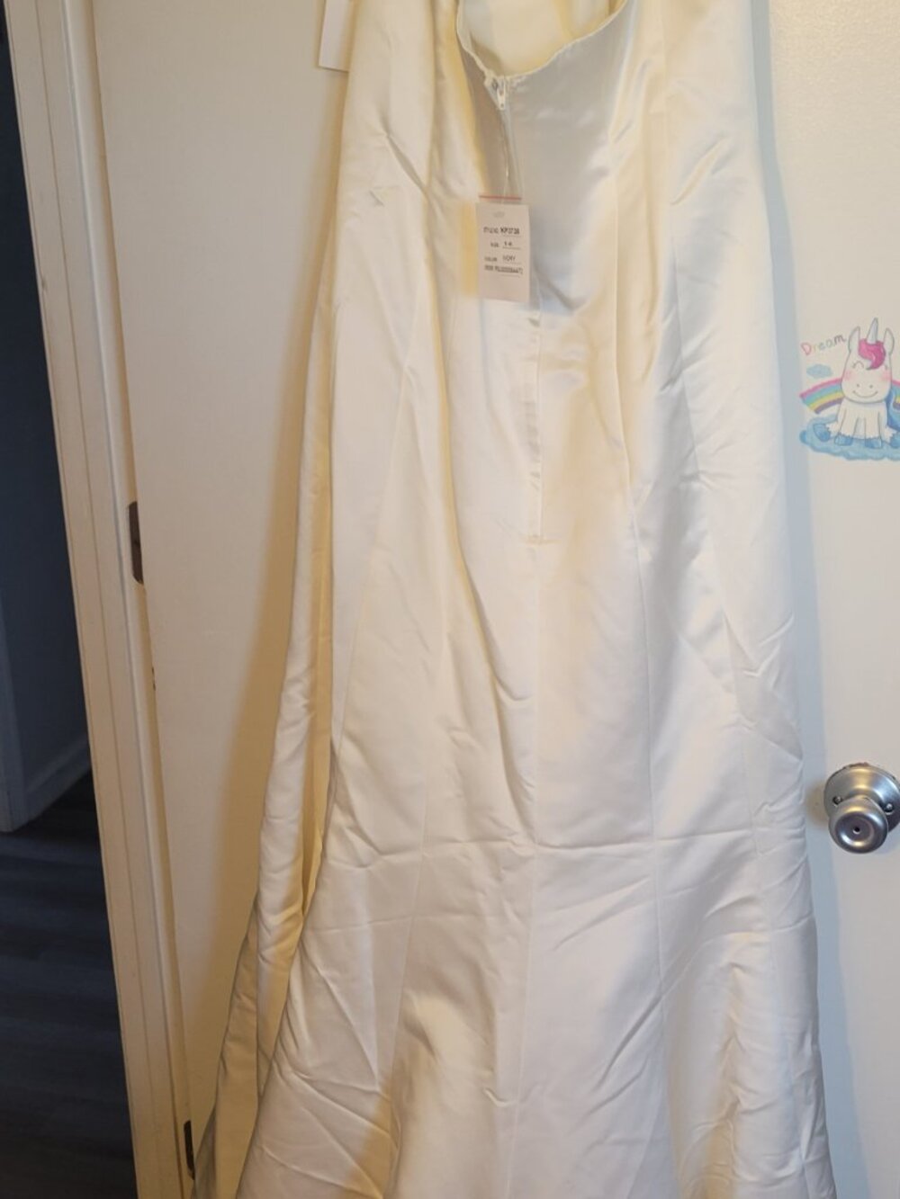 David's Bridal KP3738 Ivory Strapless Satin Mermaid Full-Length Beaded Dress 14